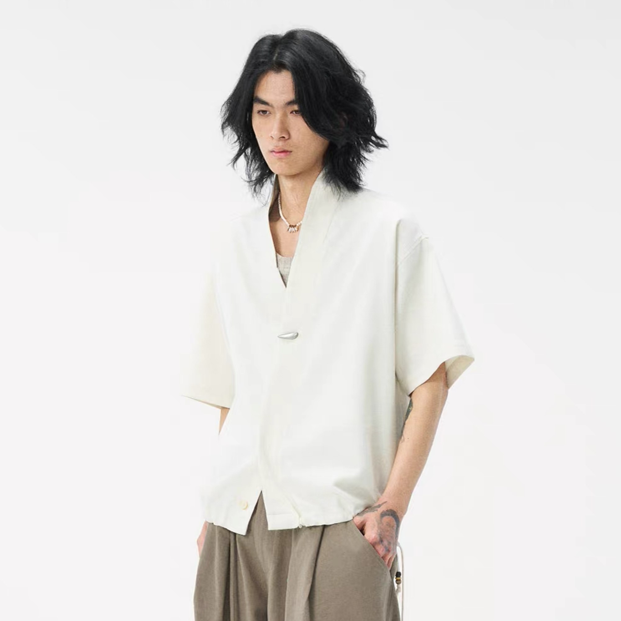 GONGHE REPUB Tencel-Linen Open-Collar Shirt