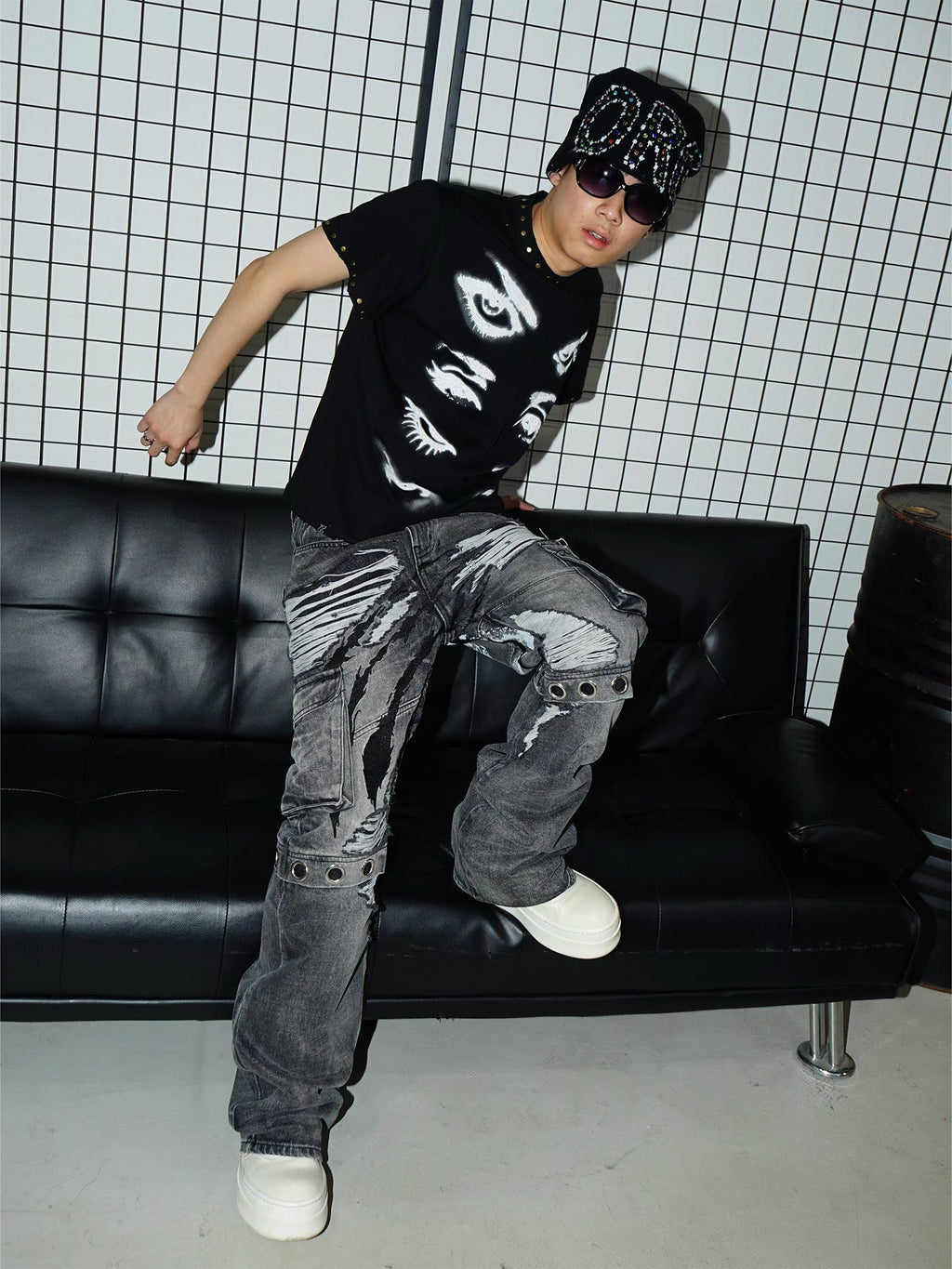 VINKID Distressed Grommet Strap Flared Jeans