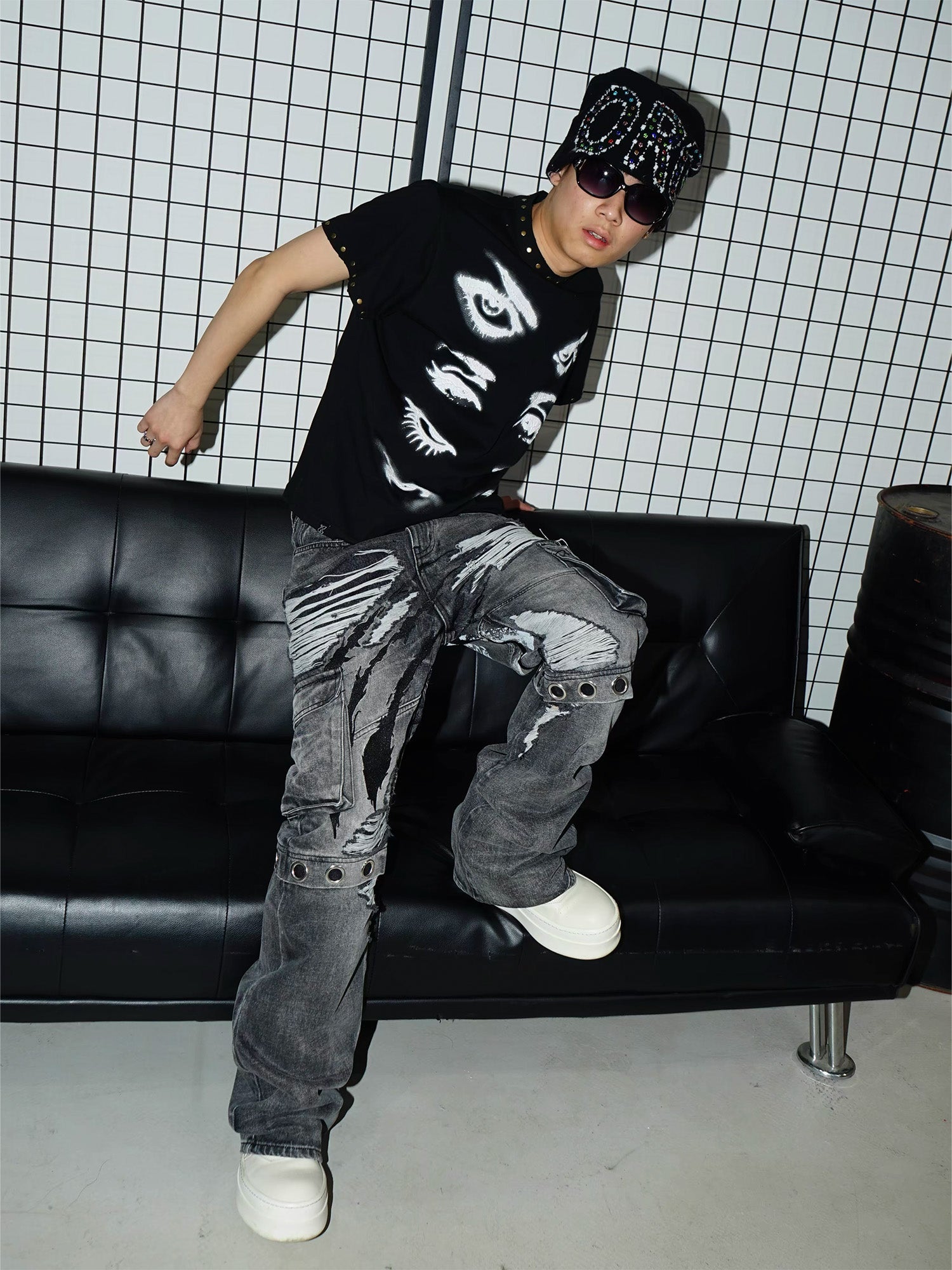 VINKID Distressed Grommet Strap Flared Jeans