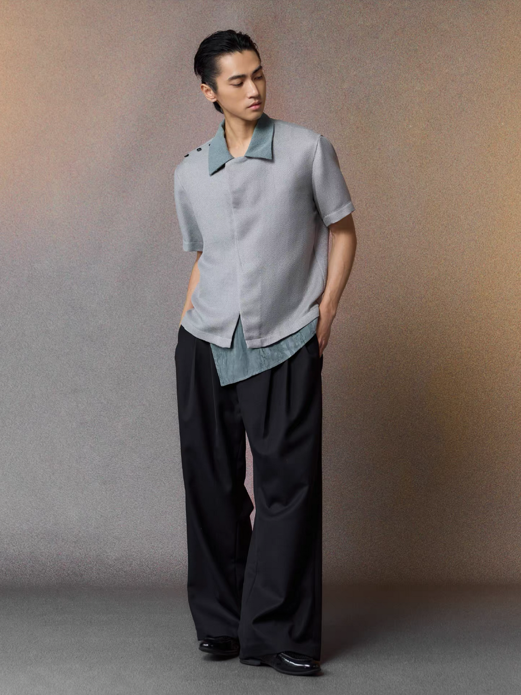 ALVNG AR ANTS Asymmetrical Contrast Spliced Linen Half Shirt