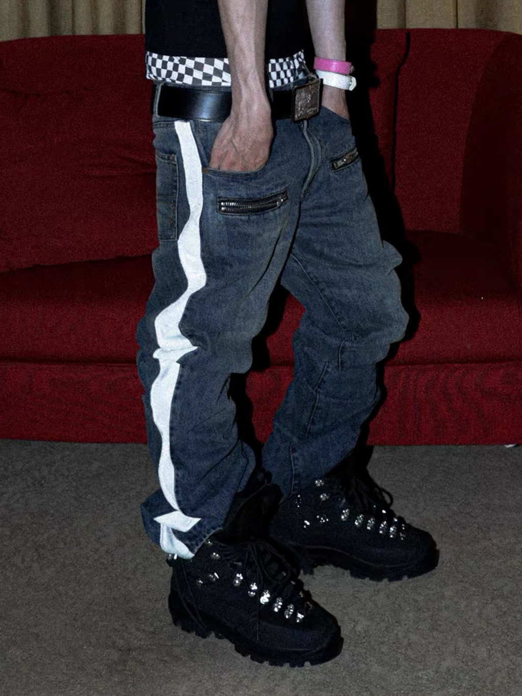 PCCVISION Contrast Side-Stripe Washed Jeans