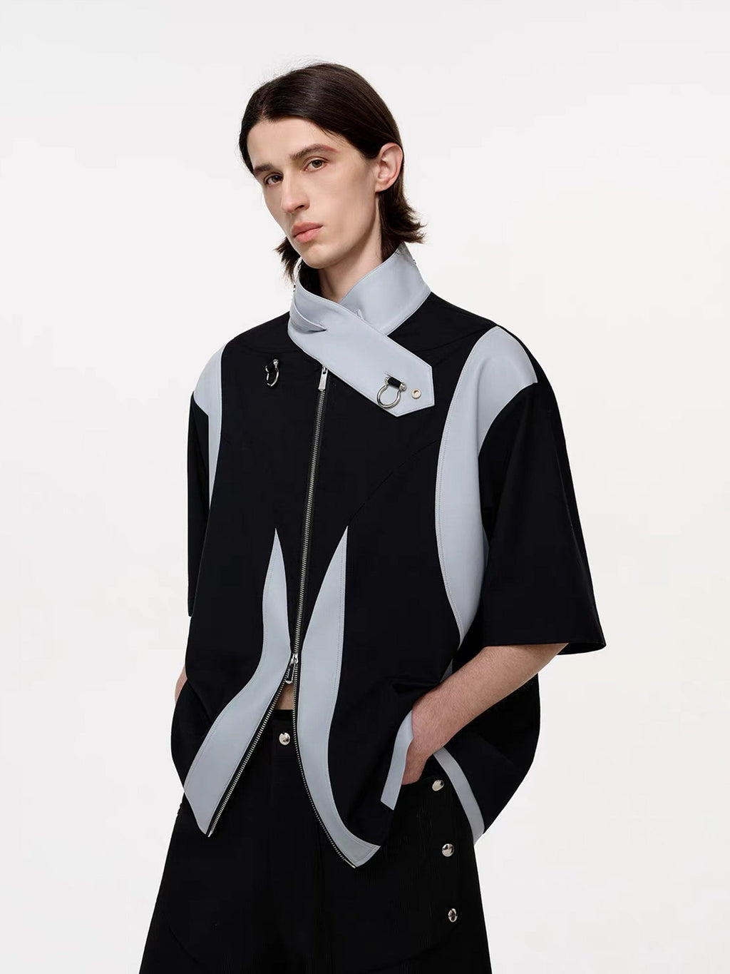 TIWILLTANG Layered-Collar Contrast-Panel Zip-Up Half Shirt