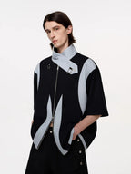 TIWILLTANG Layered-Collar Contrast-Panel Zip-Up Half Shirt