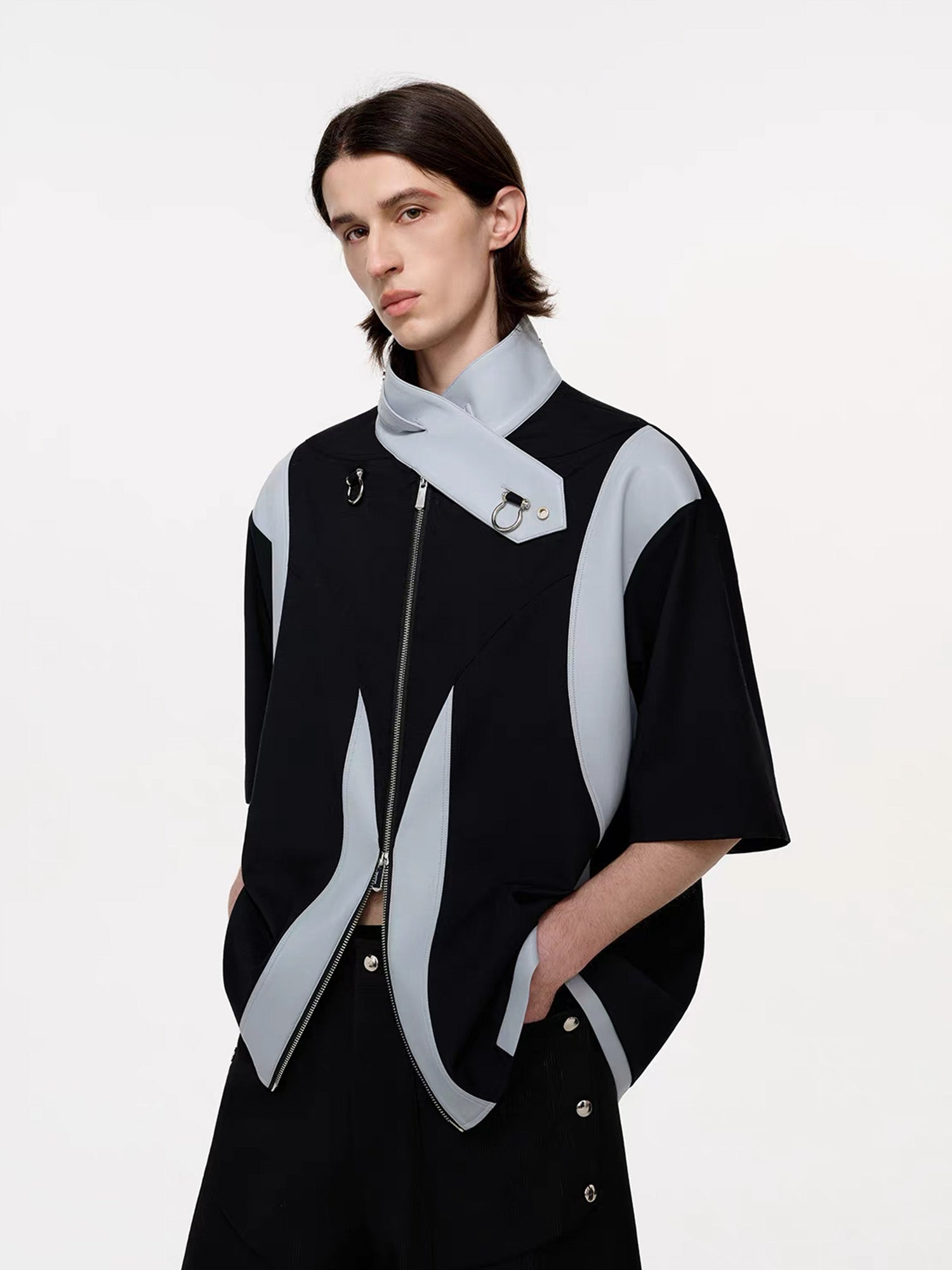 TIWILLTANG Layered-Collar Contrast-Panel Zip-Up Half Shirt