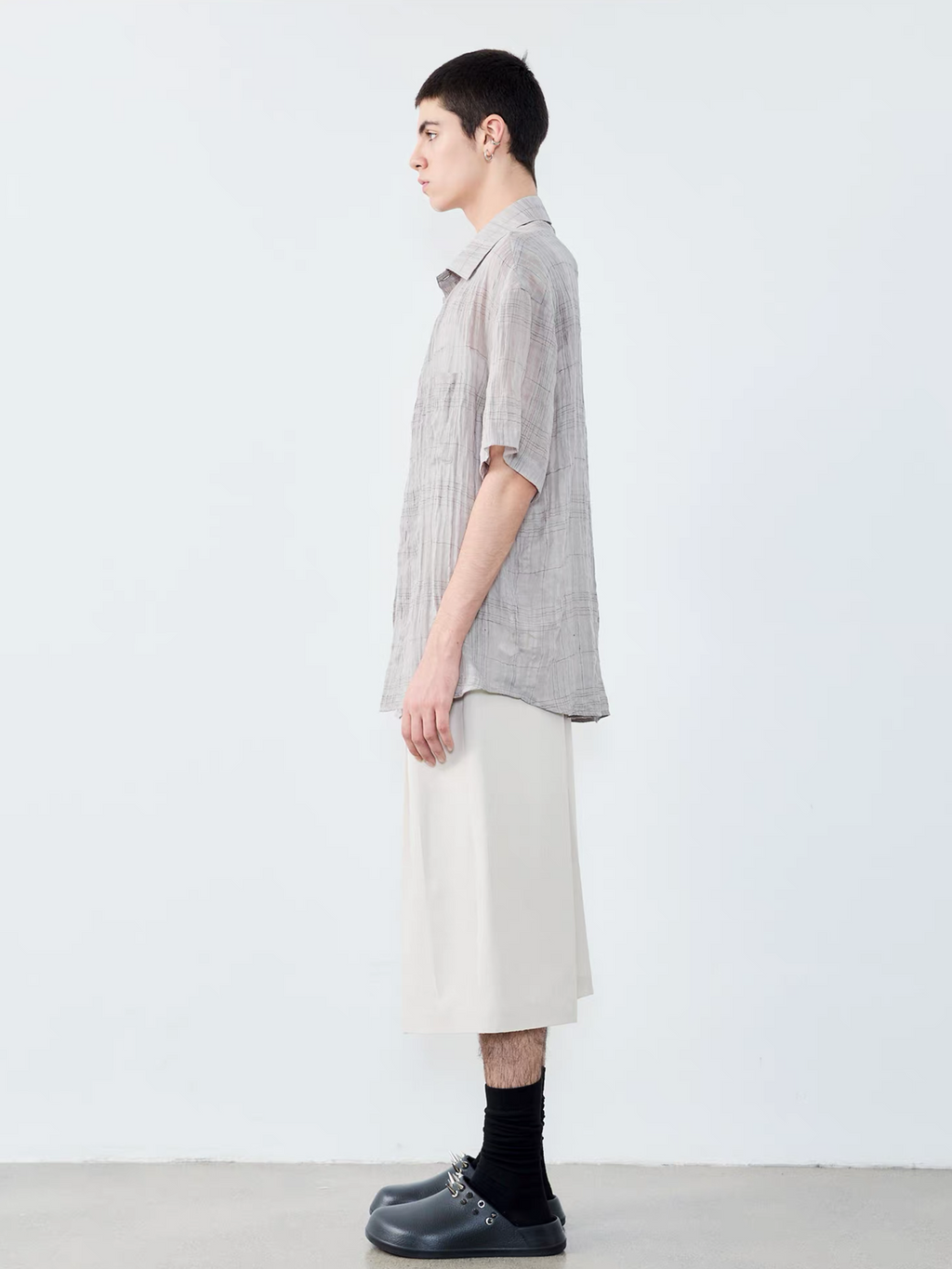 GRAINMUSTARD Linen-Cotton Plaid Half Shirt