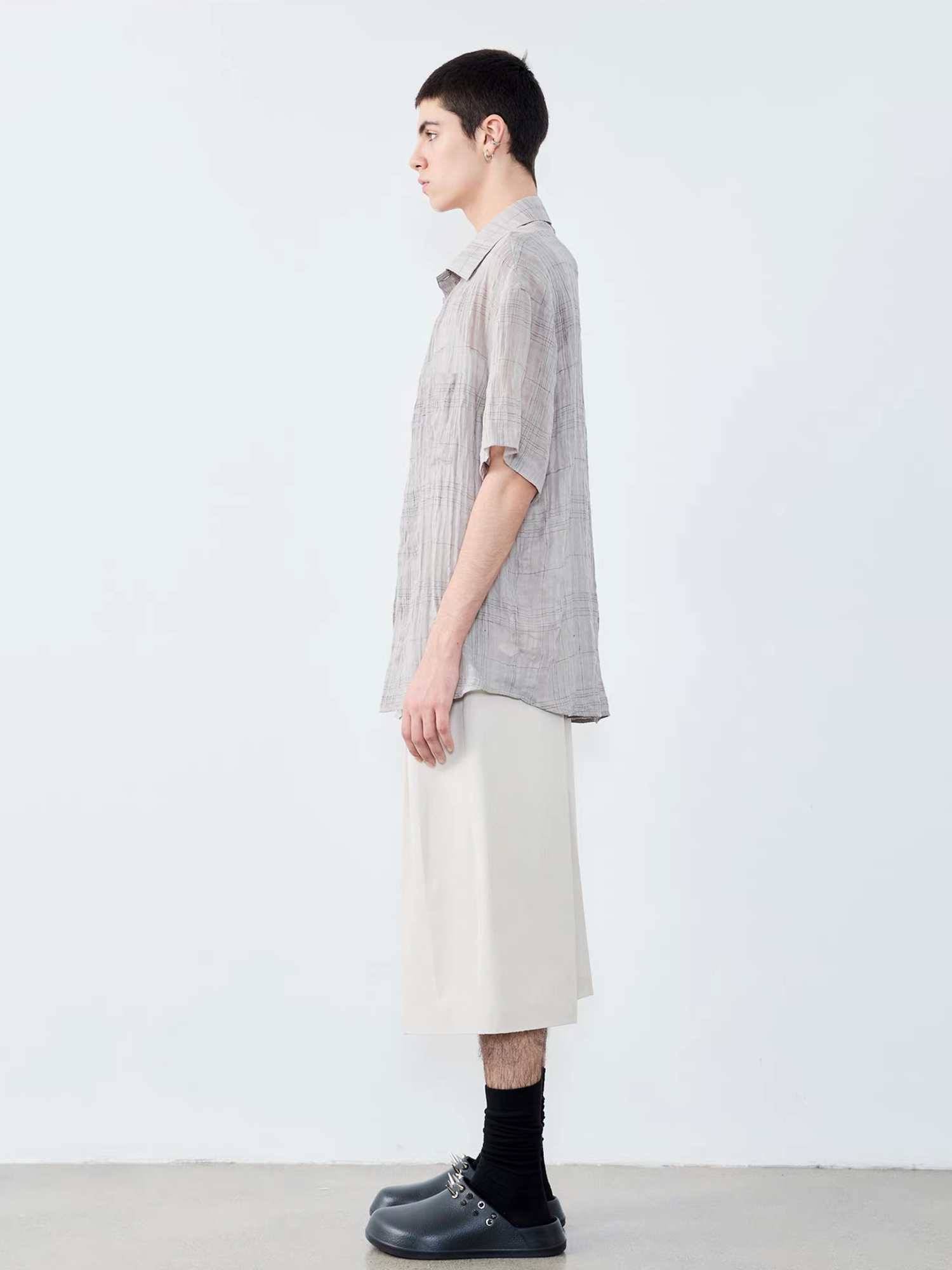 GRAINMUSTARD Linen-Cotton Plaid Half Shirt
