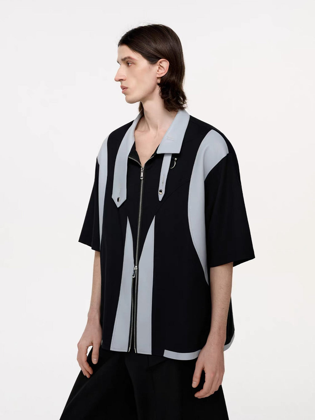 TIWILLTANG Layered-Collar Contrast-Panel Zip-Up Half Shirt