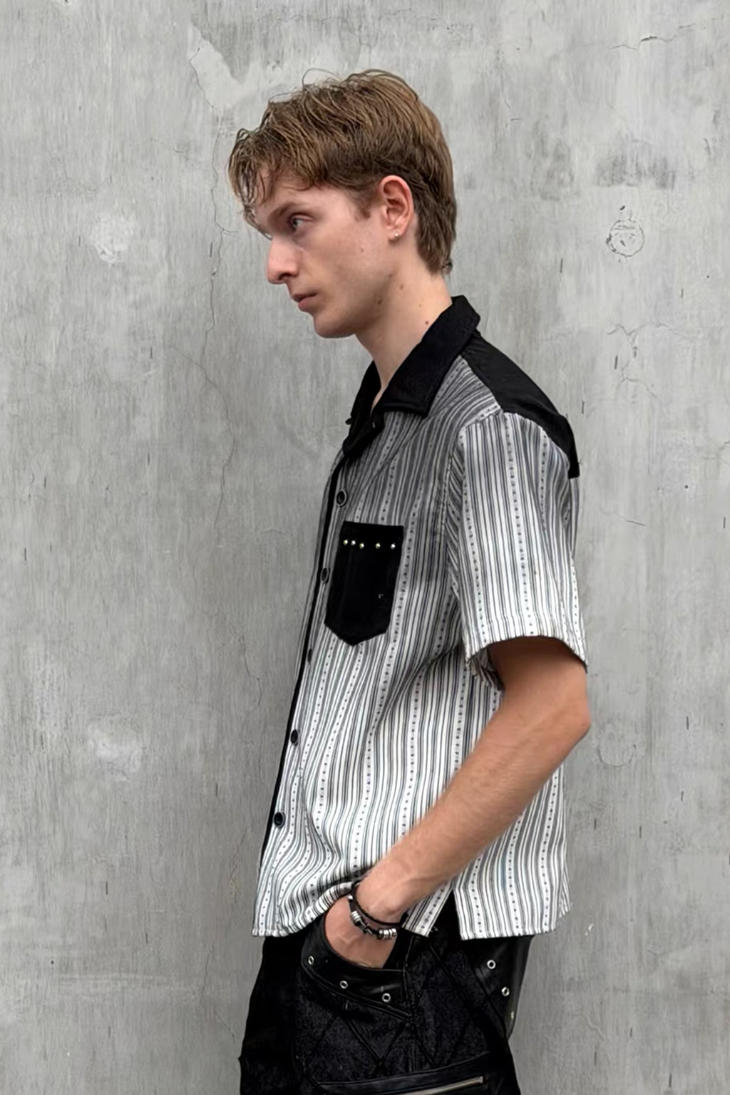 ESAIAS Studded Washed Dotted Stripe Half Shirt
