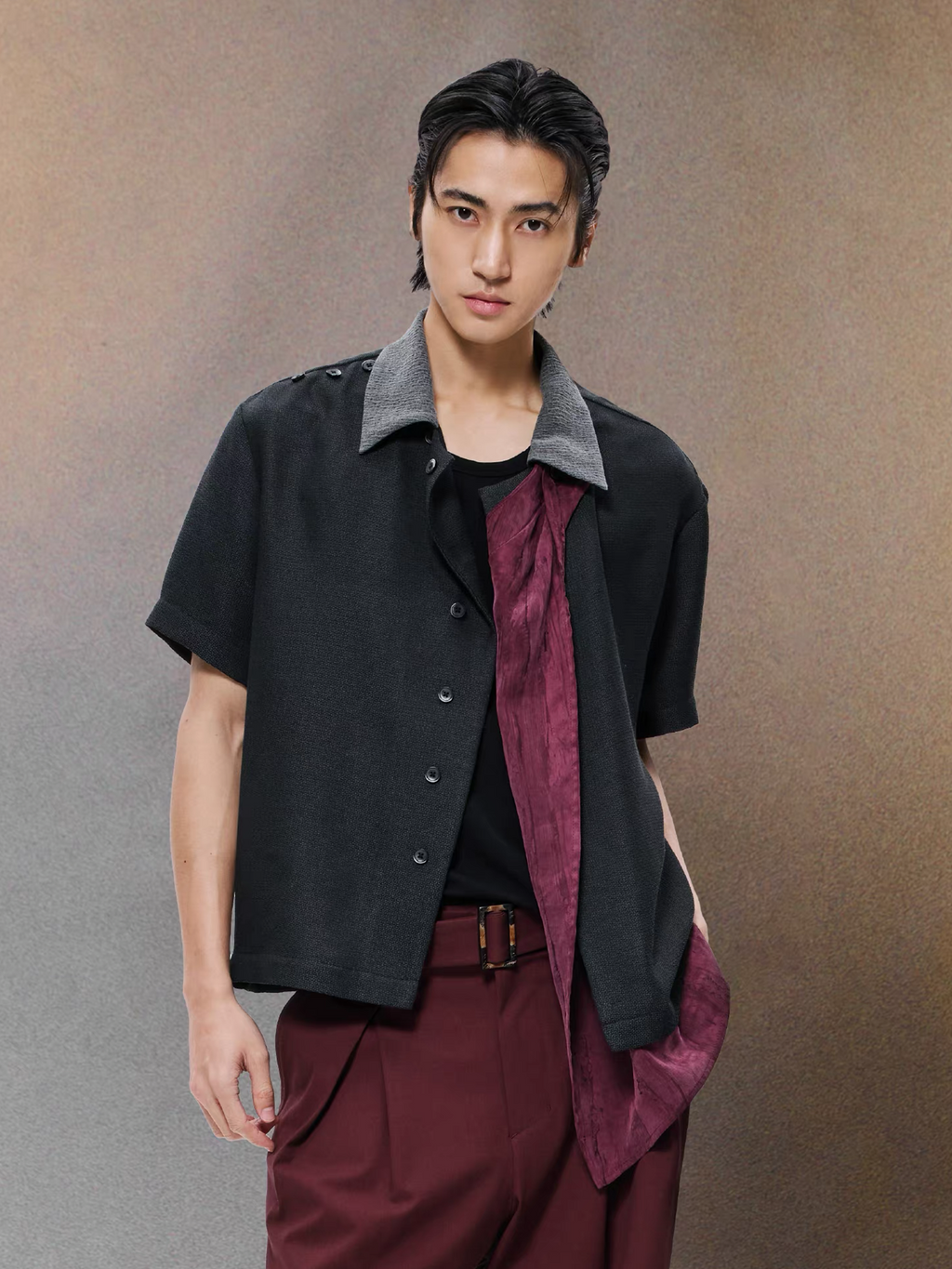 ALVNG AR ANTS Asymmetrical Contrast Spliced Linen Half Shirt