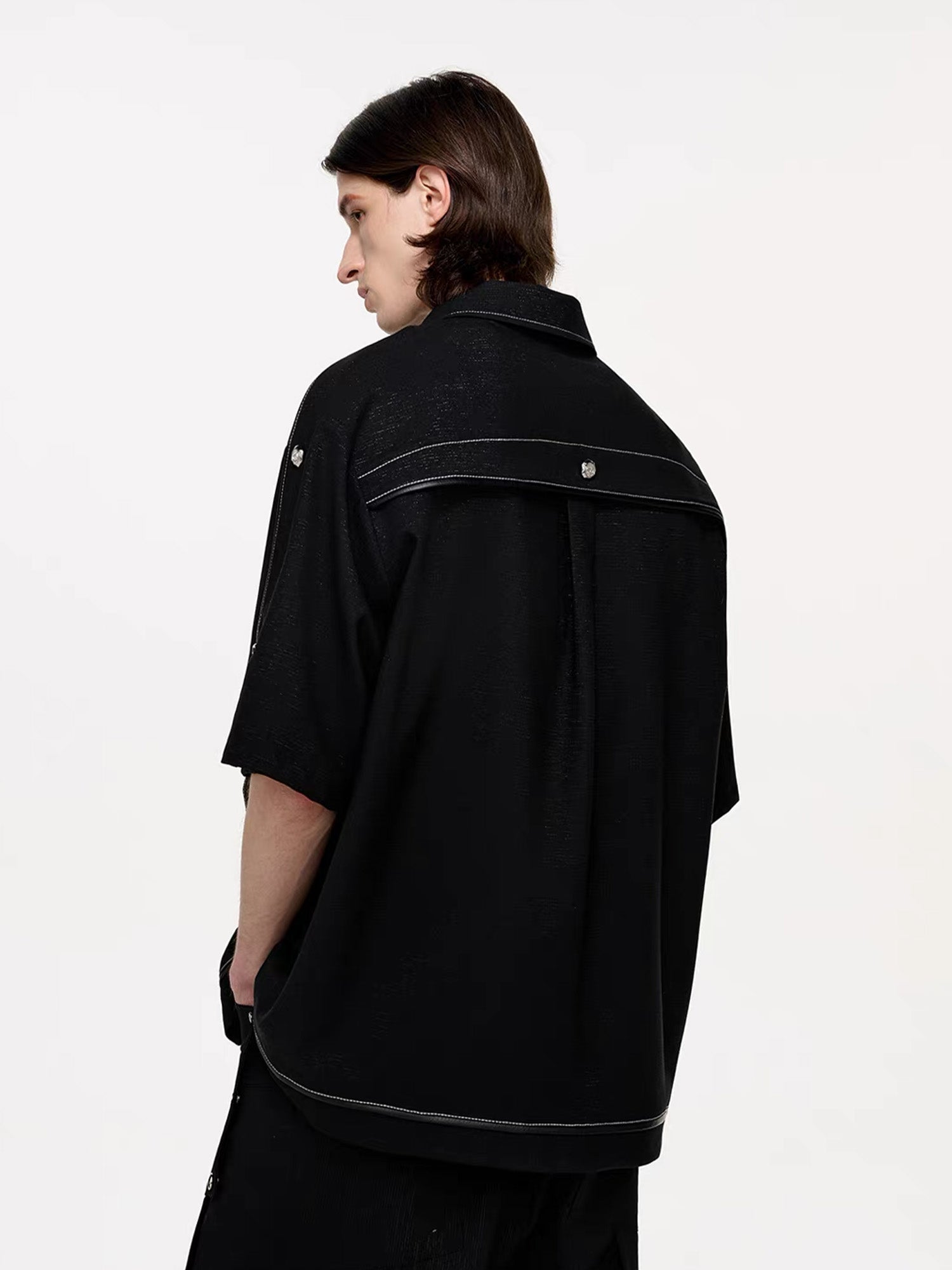 TIWILLTANG Studded Trim Zip-Up Half Shirt