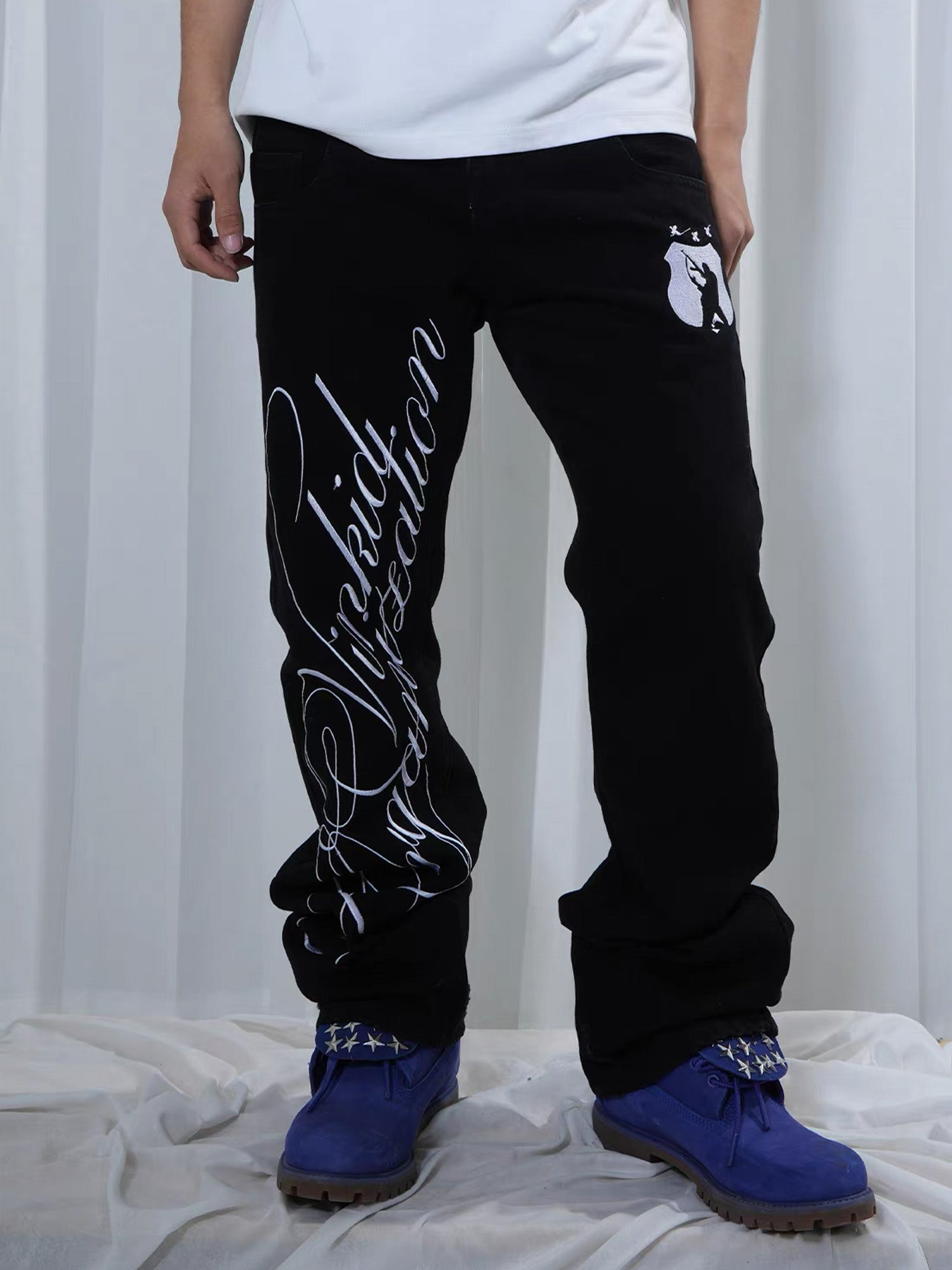 VINKID Double-Waist Script Graphic Jeans