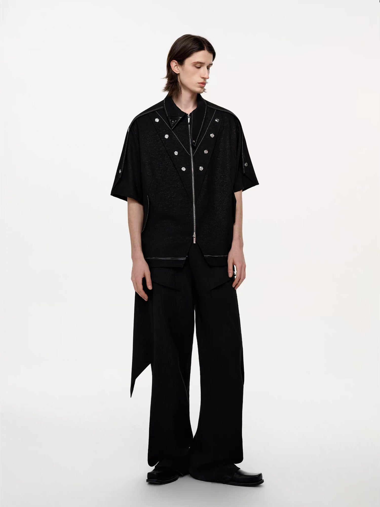 TIWILLTANG Studded Trim Zip-Up Half Shirt