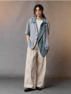 ALVNG AR ANTS Asymmetrical Contrast Spliced Linen Half Shirt
