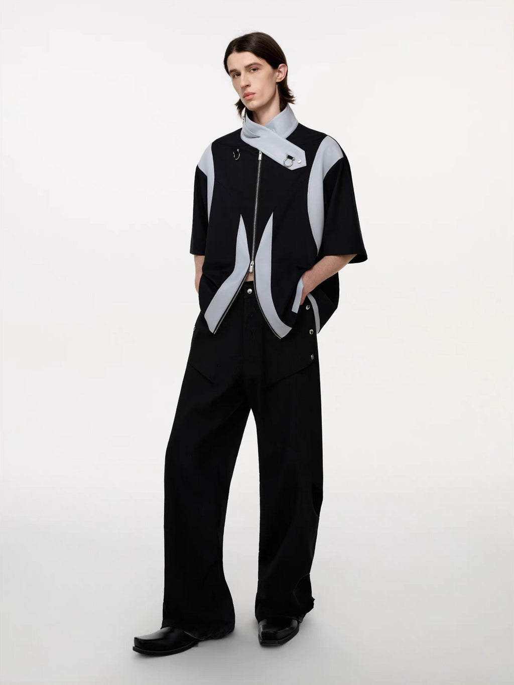 TIWILLTANG Layered-Collar Contrast-Panel Zip-Up Half Shirt