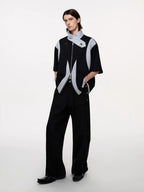 TIWILLTANG Layered-Collar Contrast-Panel Zip-Up Half Shirt