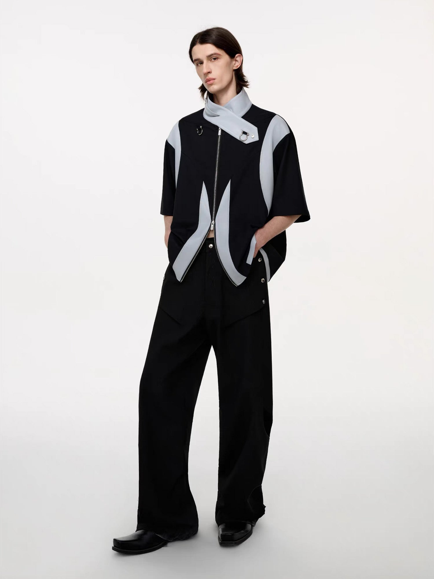 TIWILLTANG Layered-Collar Contrast-Panel Zip-Up Half Shirt