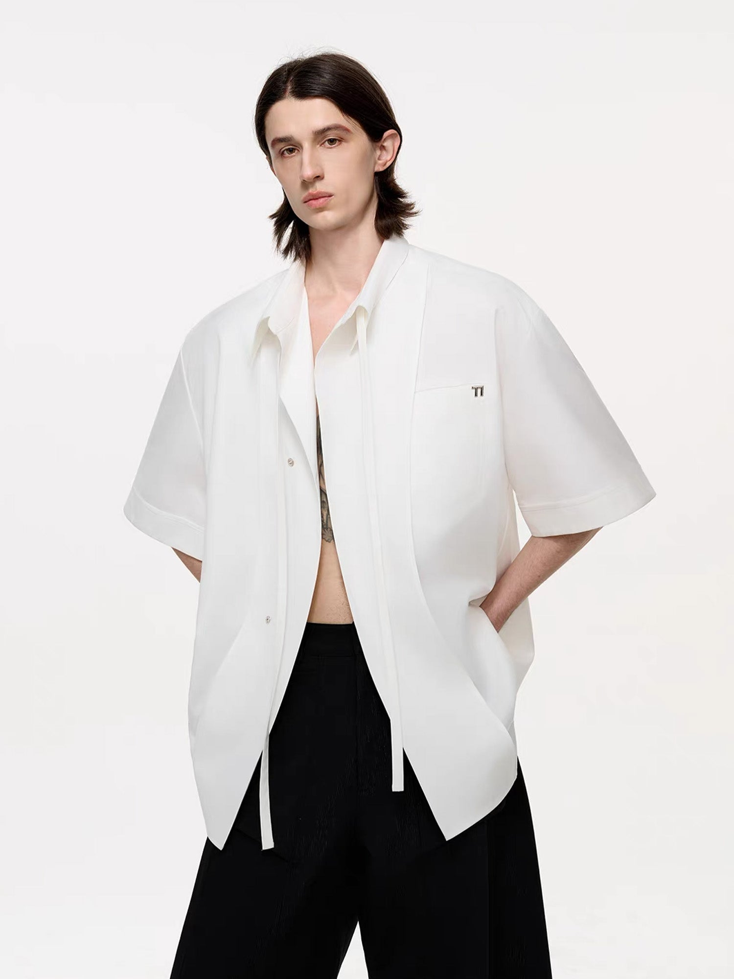 TIWILLTANG Draped Camp-Collar T Shirt