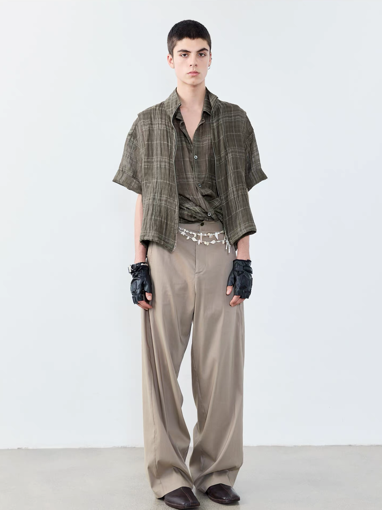 GRAINMUSTARD Linen-Cotton Plaid Half Shirt