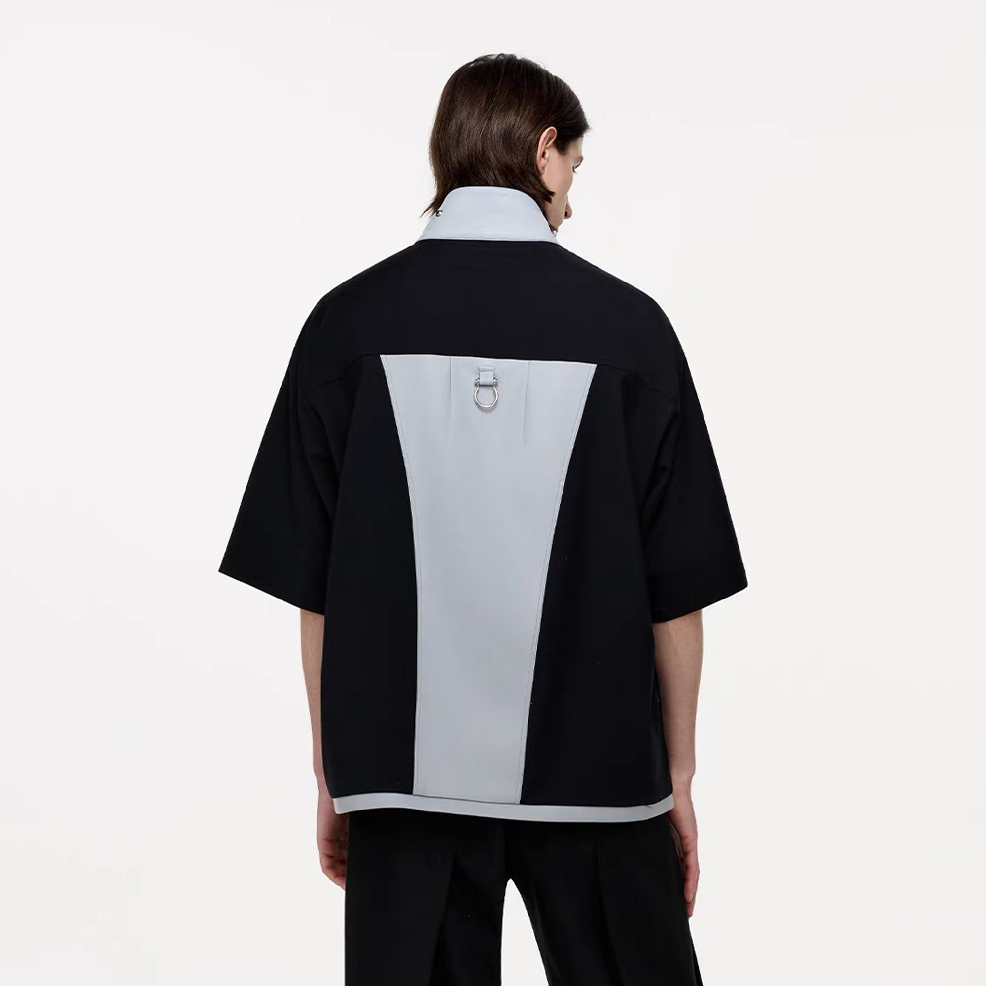 TIWILLTANG Layered-Collar Contrast-Panel Zip-Up Half Shirt
