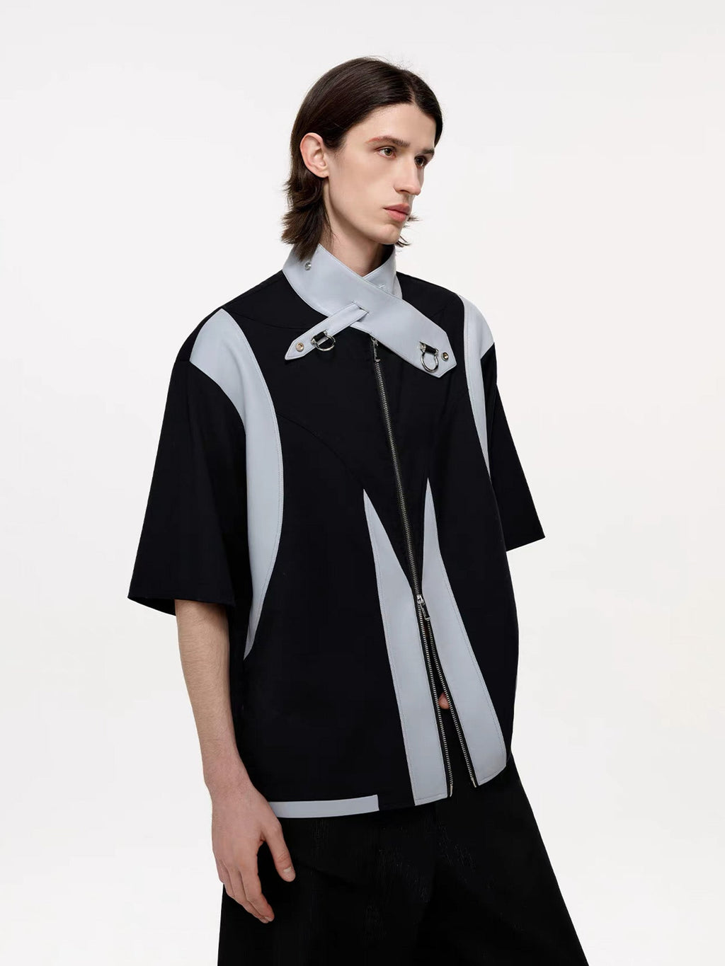 TIWILLTANG Layered-Collar Contrast-Panel Zip-Up Half Shirt