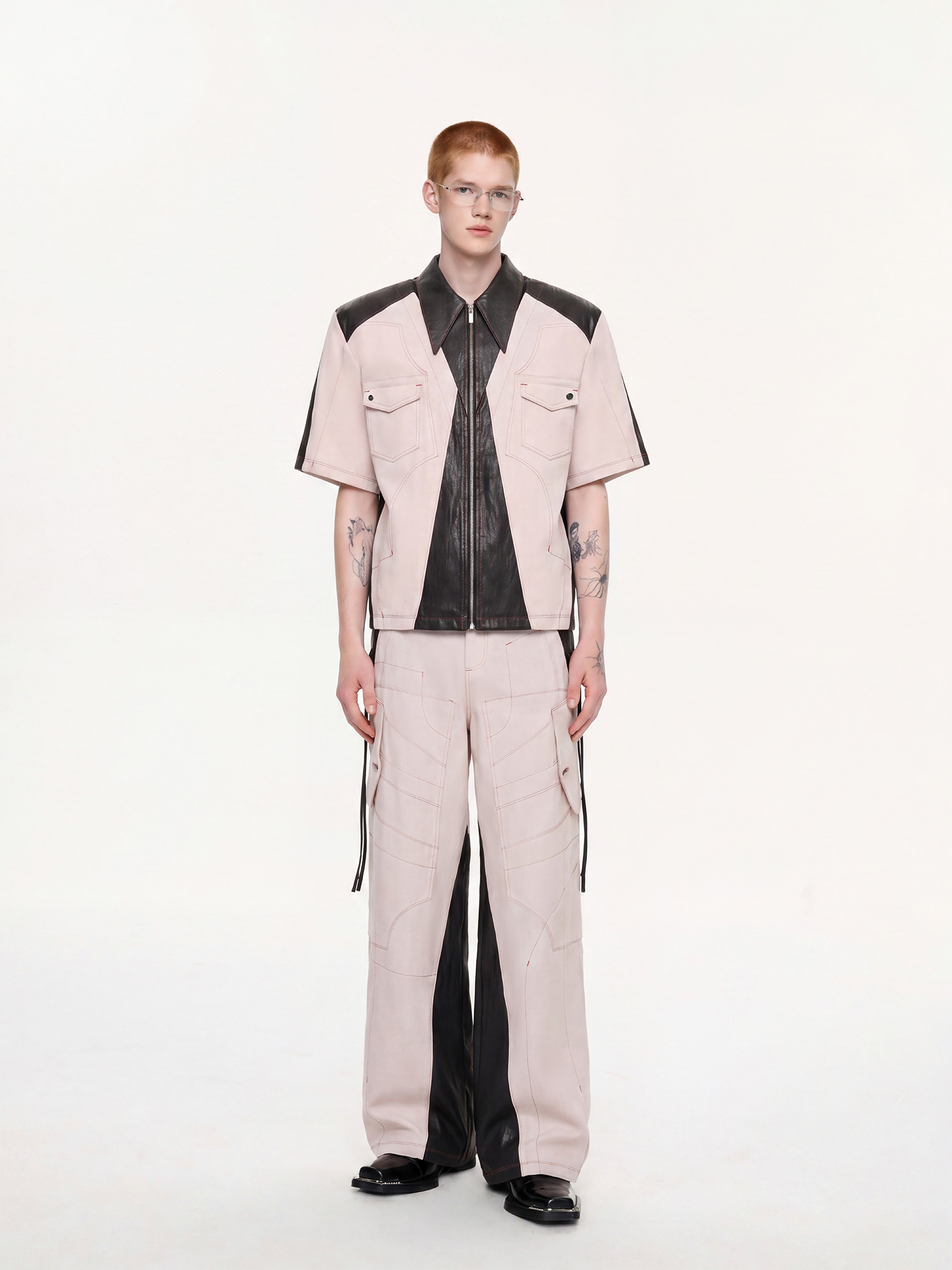 TIWILLTANG Contrast Stitch Paneled Zip-Up Half Shirt