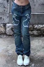 VINKID Dove Embroidered Distressed Stacked Jeans