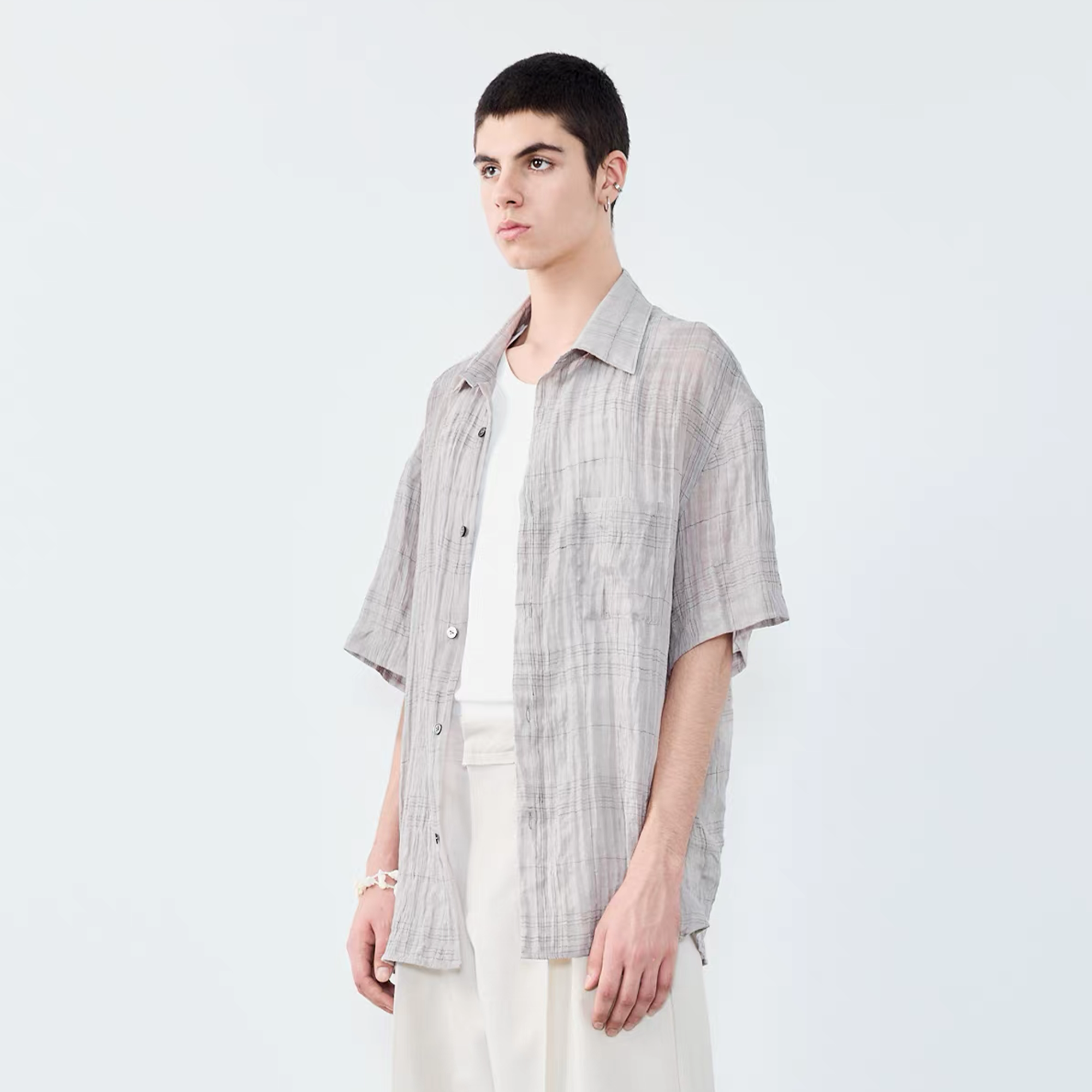 GRAINMUSTARD Linen-Cotton Plaid Half Shirt