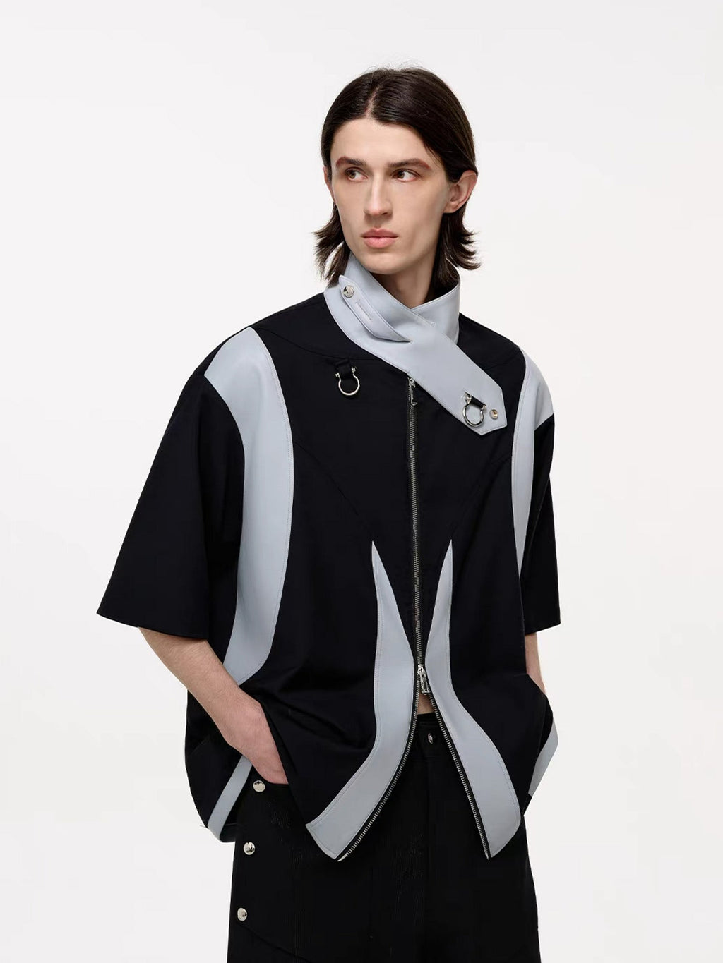 TIWILLTANG Layered-Collar Contrast-Panel Zip-Up Half Shirt