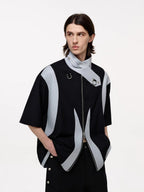 TIWILLTANG Layered-Collar Contrast-Panel Zip-Up Half Shirt