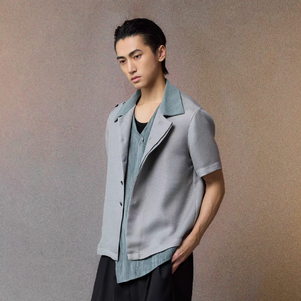 ALVNG AR ANTS Asymmetrical Contrast Spliced Linen Half Shirt