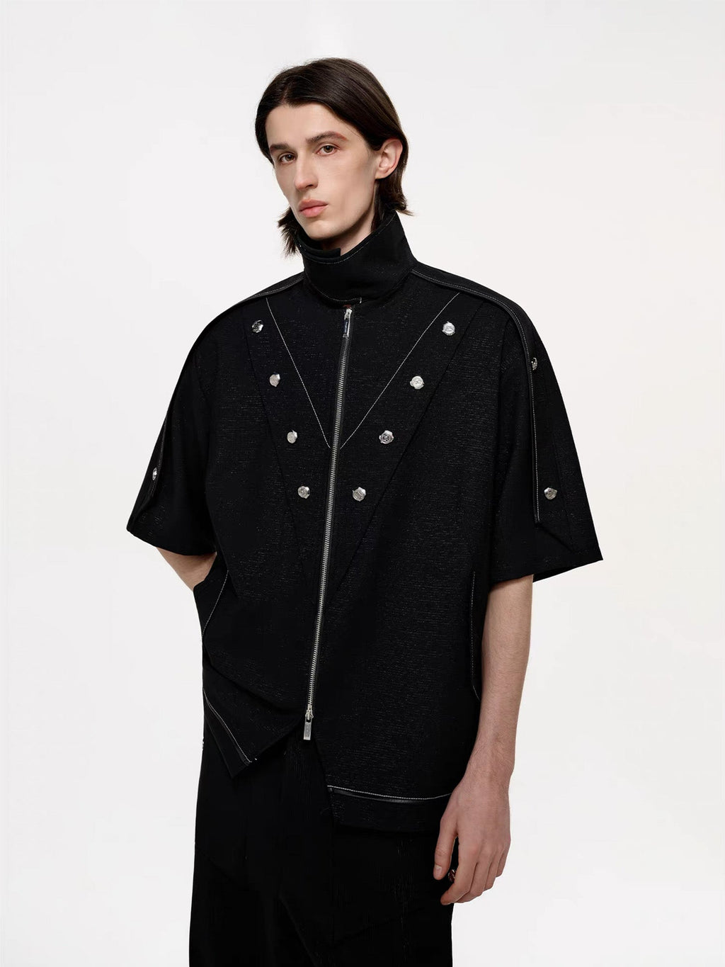 TIWILLTANG Studded Trim Zip-Up Half Shirt