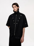 TIWILLTANG Studded Trim Zip-Up Half Shirt