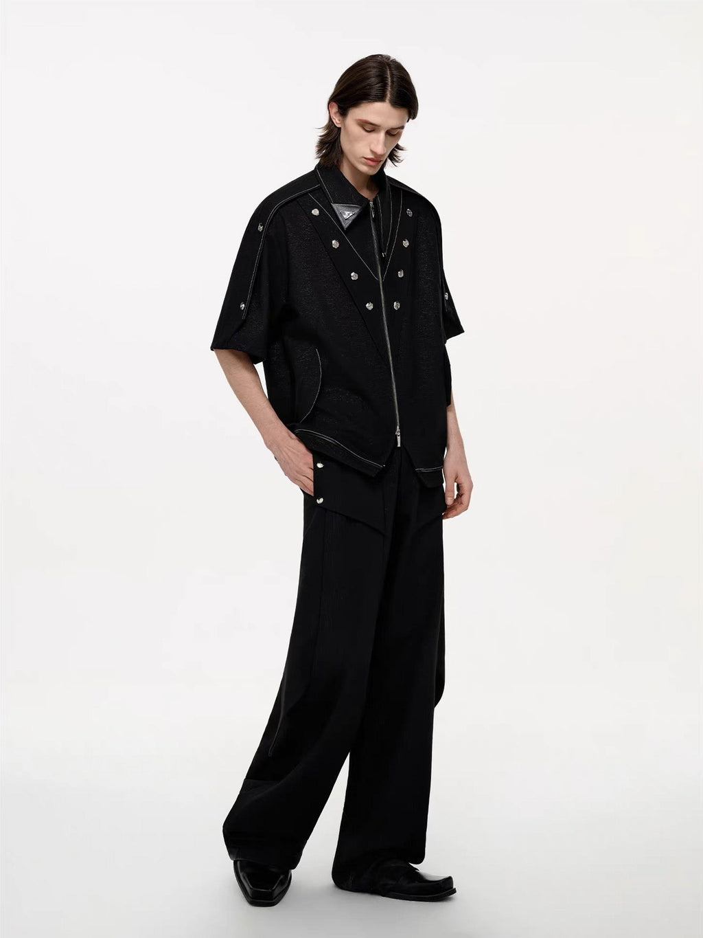 TIWILLTANG Studded Trim Zip-Up Half Shirt