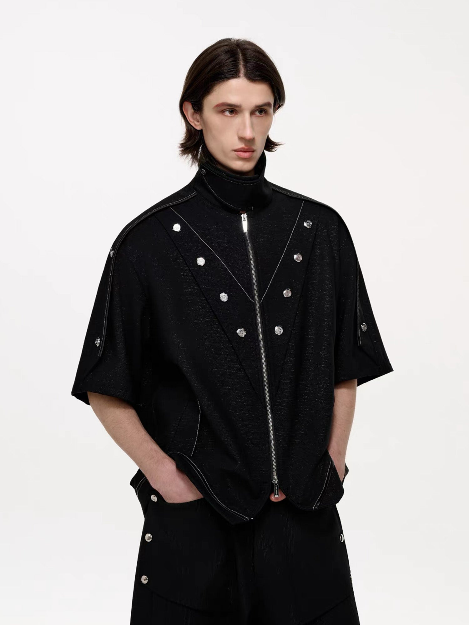 TIWILLTANG Studded Trim Zip-Up Half Shirt