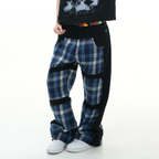 VINKID Plaid Paneled Wide-Leg Jeans