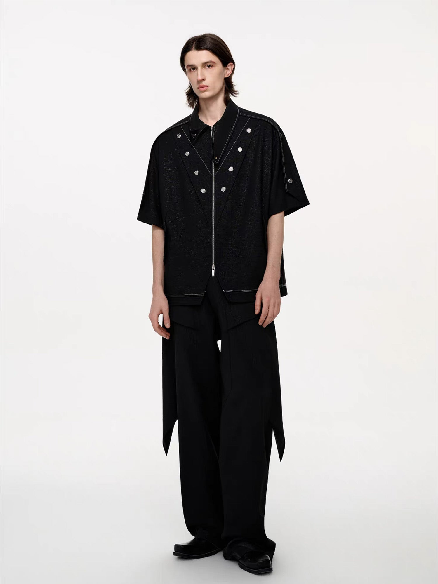 TIWILLTANG Studded Trim Zip-Up Half Shirt
