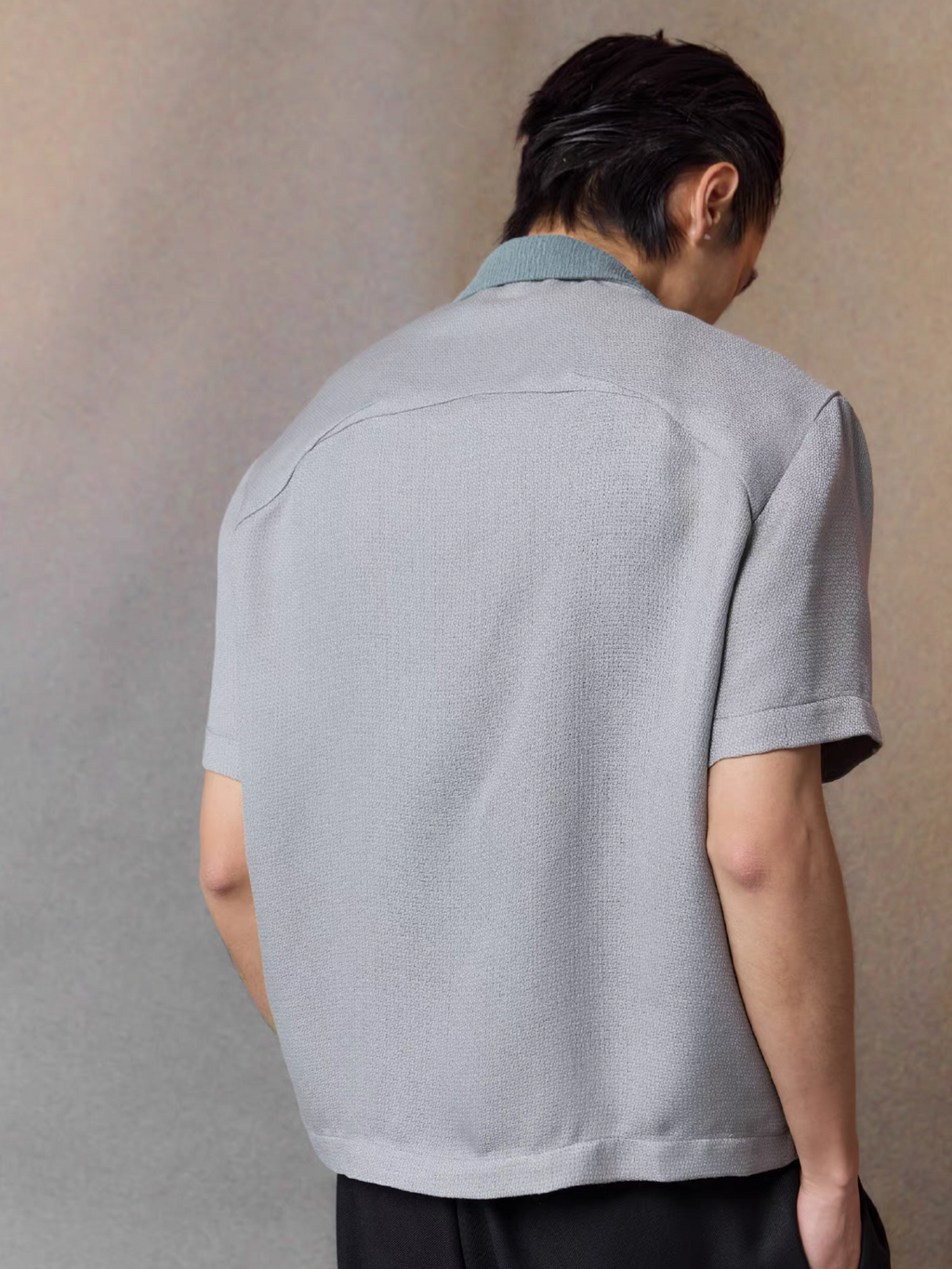 ALVNG AR ANTS Asymmetrical Contrast Spliced Linen Half Shirt