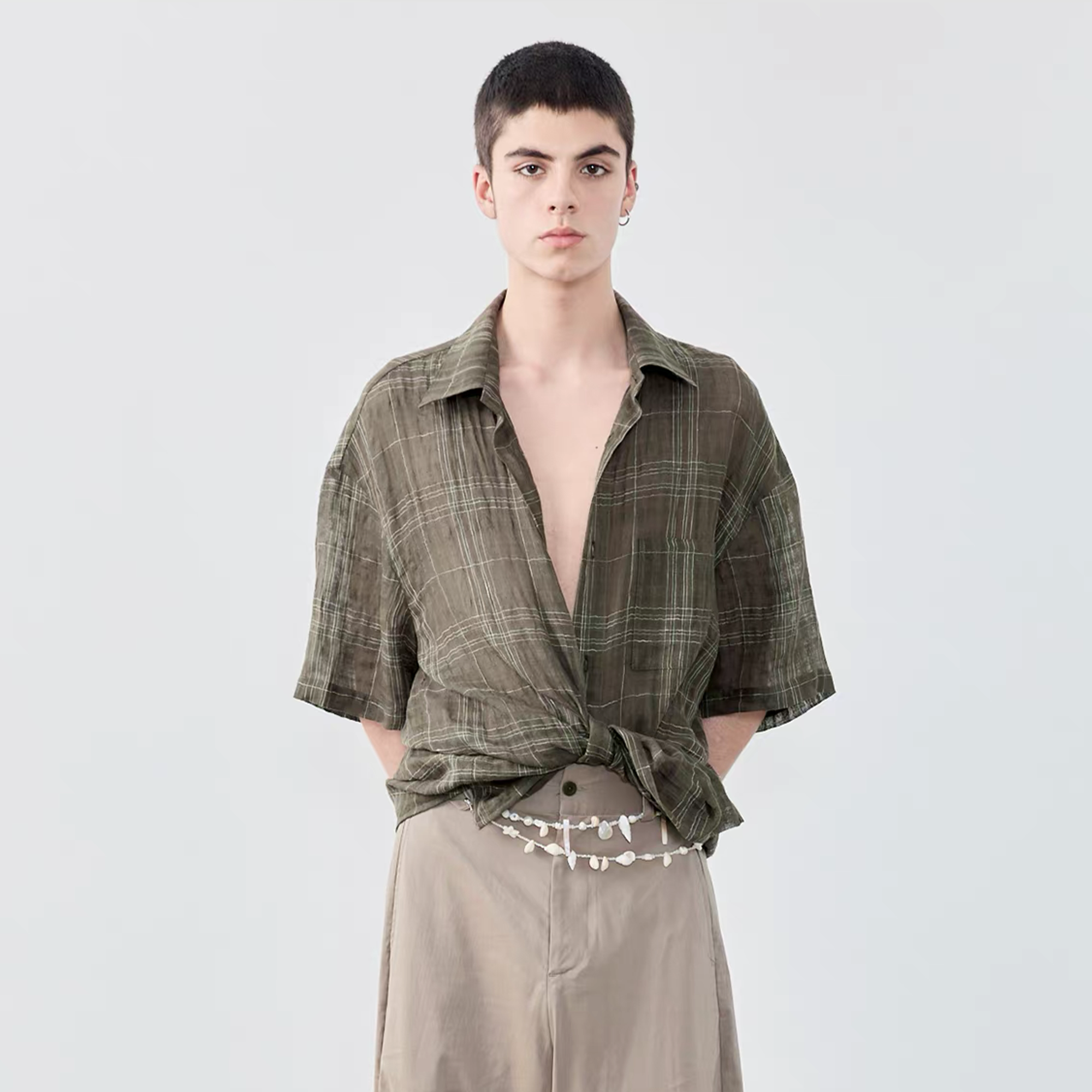 GRAINMUSTARD Linen-Cotton Plaid Half Shirt