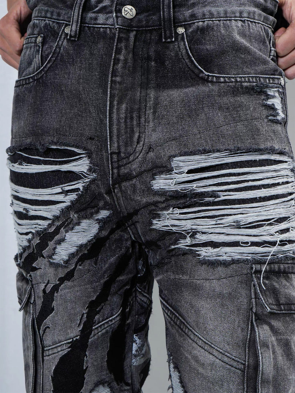 VINKID Distressed Grommet Strap Flared Jeans