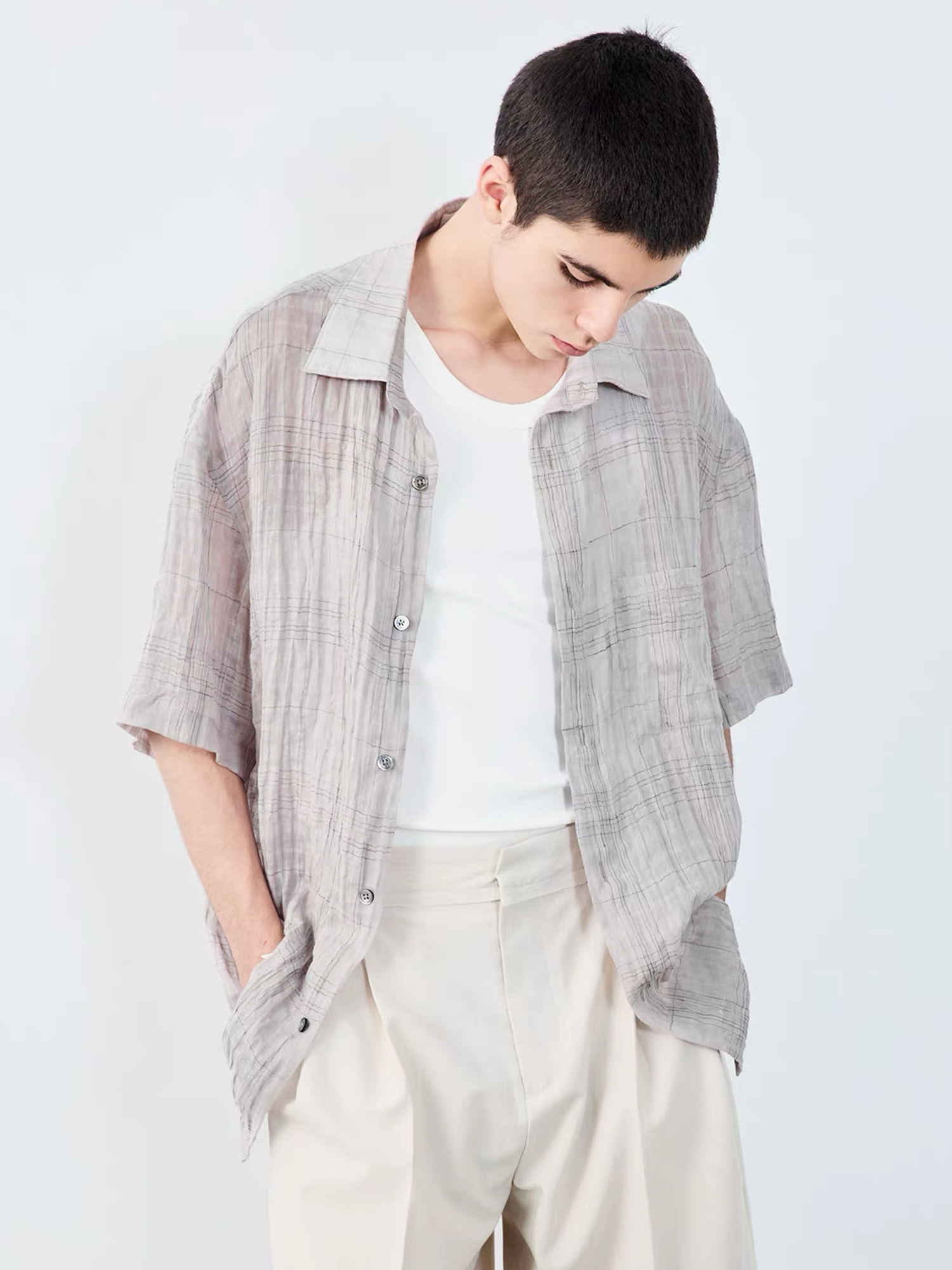 GRAINMUSTARD Linen-Cotton Plaid Half Shirt