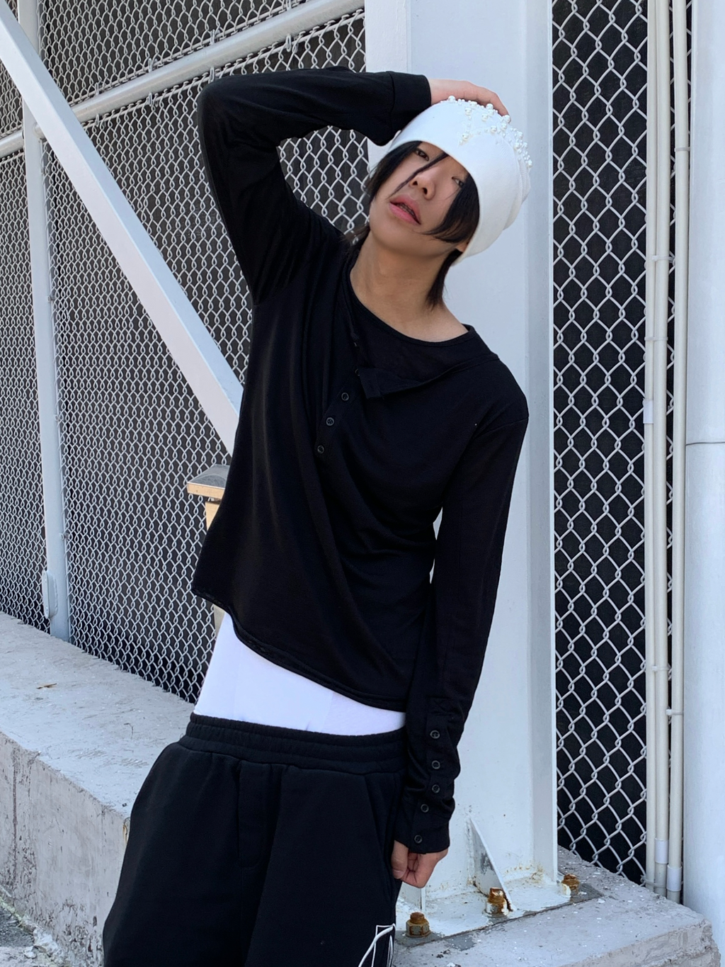 TH4SWE Layered Diamond Spine Graphic Henley Long-Sleeve Tee