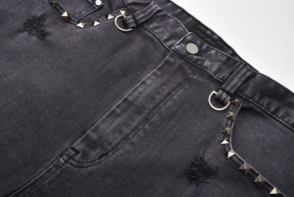 VENTUREK Washed Patch Studded Raw-Edge Shorts