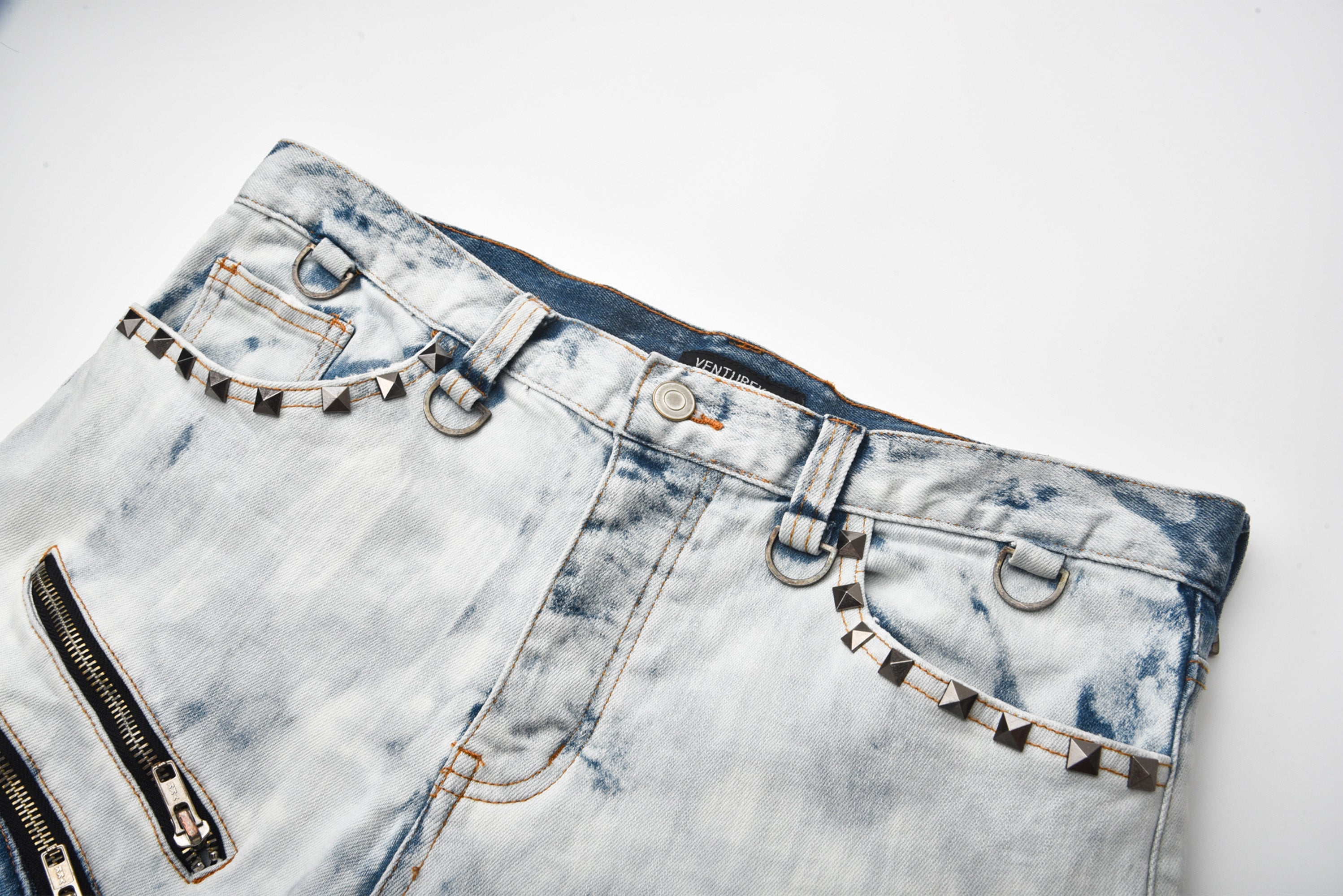 VENTUREK Distressed Washed Zippered Studded Slim Jeans