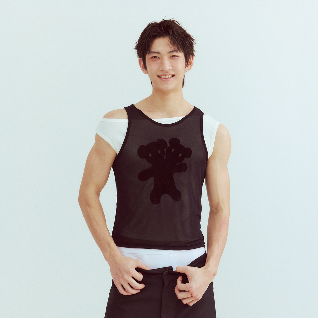 KADAKADA Flocked Bear Mesh One-Shoulder Ribbed Tank Set