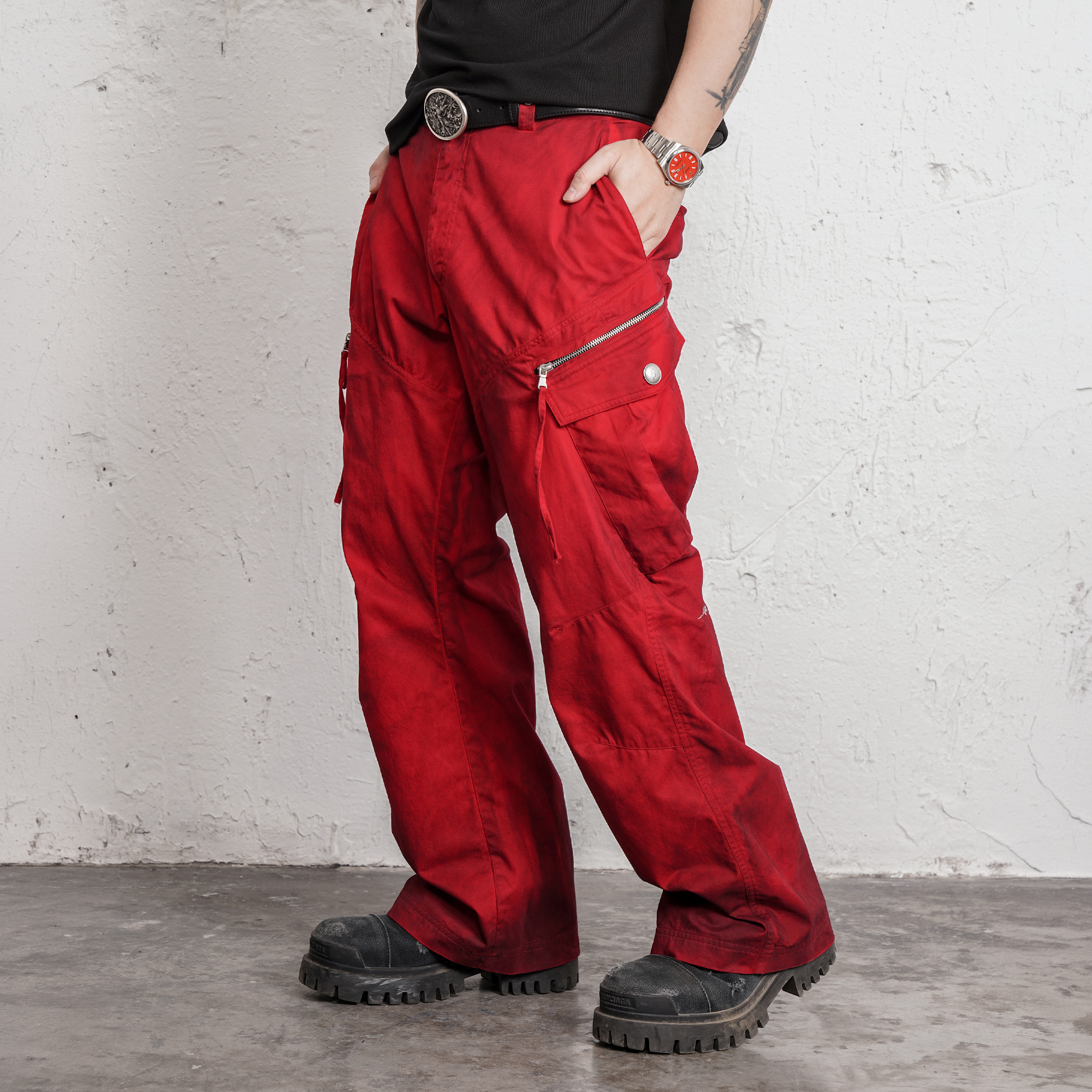 UNDERWATER Burnt Red Dirty-Dyed Moleskin Cargo Pants
