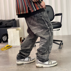 ME DA IGUAL Washed Destroyed Patch Straight-Leg Jeans