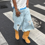 STEEPC Distressed Washed Raw-Edge Denim Shorts