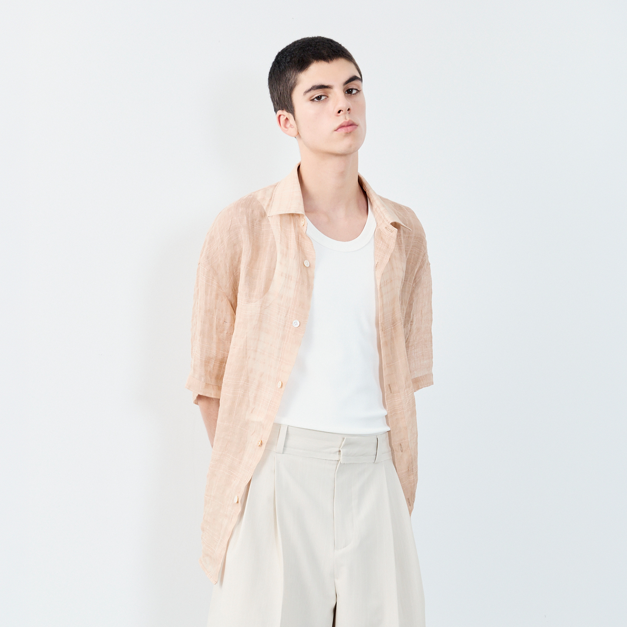 GRAINMUSTARD Linen-Cotton Plaid Half Shirt