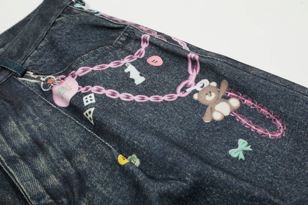 CLP Beaded Chain Graphics Wide-Leg Denim Shorts