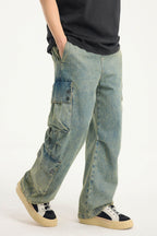 BONELESS Distressed Multi-Pocket Drawstring Cargo Jeans